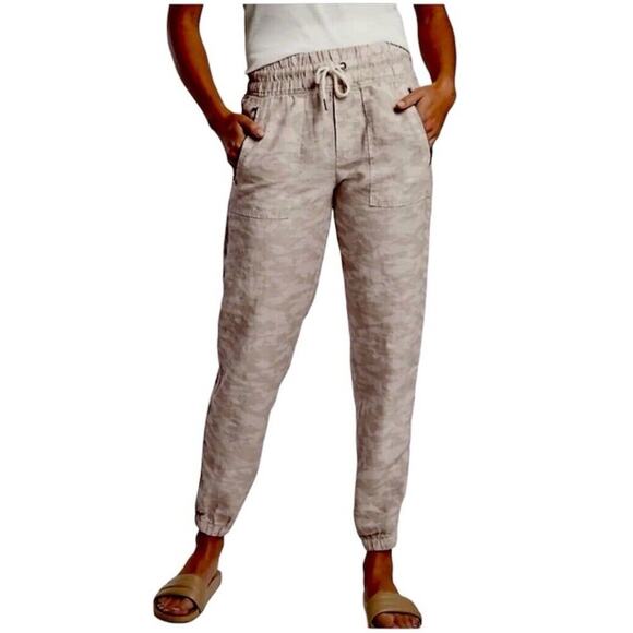 Athleta Cream & Tan Camo Cabo Print Tied Linen Jogger Pant Zip Front Pockets 4 - Picture 1 of 15